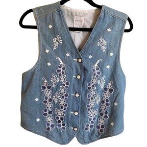 StonyBrook Lined Button Up Denim Vest Embroidered Flowers Women's Large